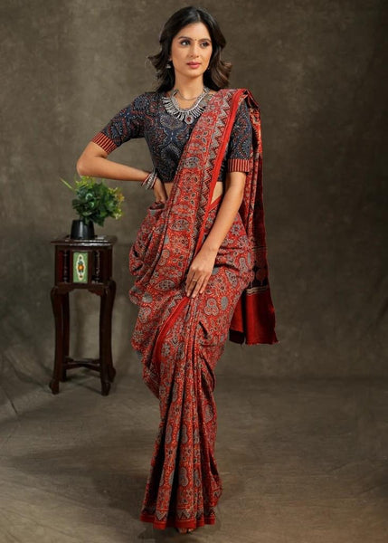 RED AND BLUE COTTON AJRAKH SAREE