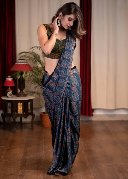 PURE MODAL SILK BLOCK PRINTED BLUE AJRAKH SAREE WITH FLORAL MOTIFS