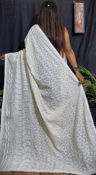 Pure Cotton Luknowi Chikankari Beige and White Saree