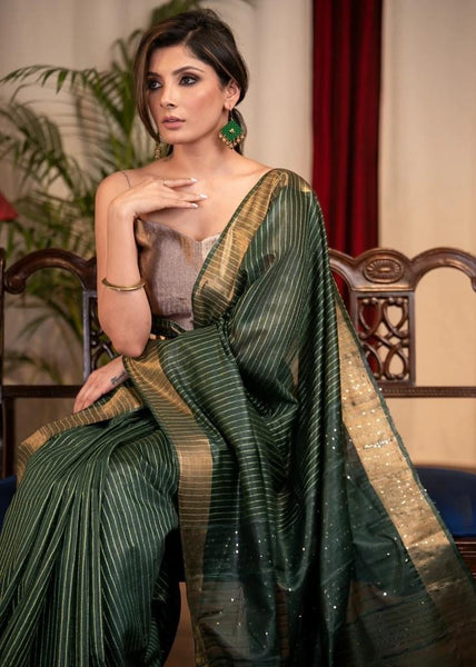 STRIPED OLIVE GREEN KOTA SILK SAREE