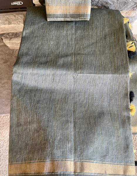 Grey Tussar Handloom Silk Saree