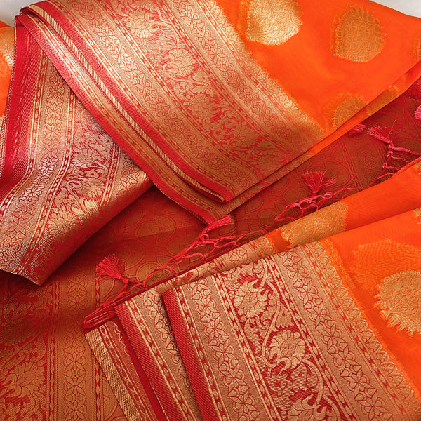 Orange and Pink Kora Maheshwari Silk Saree