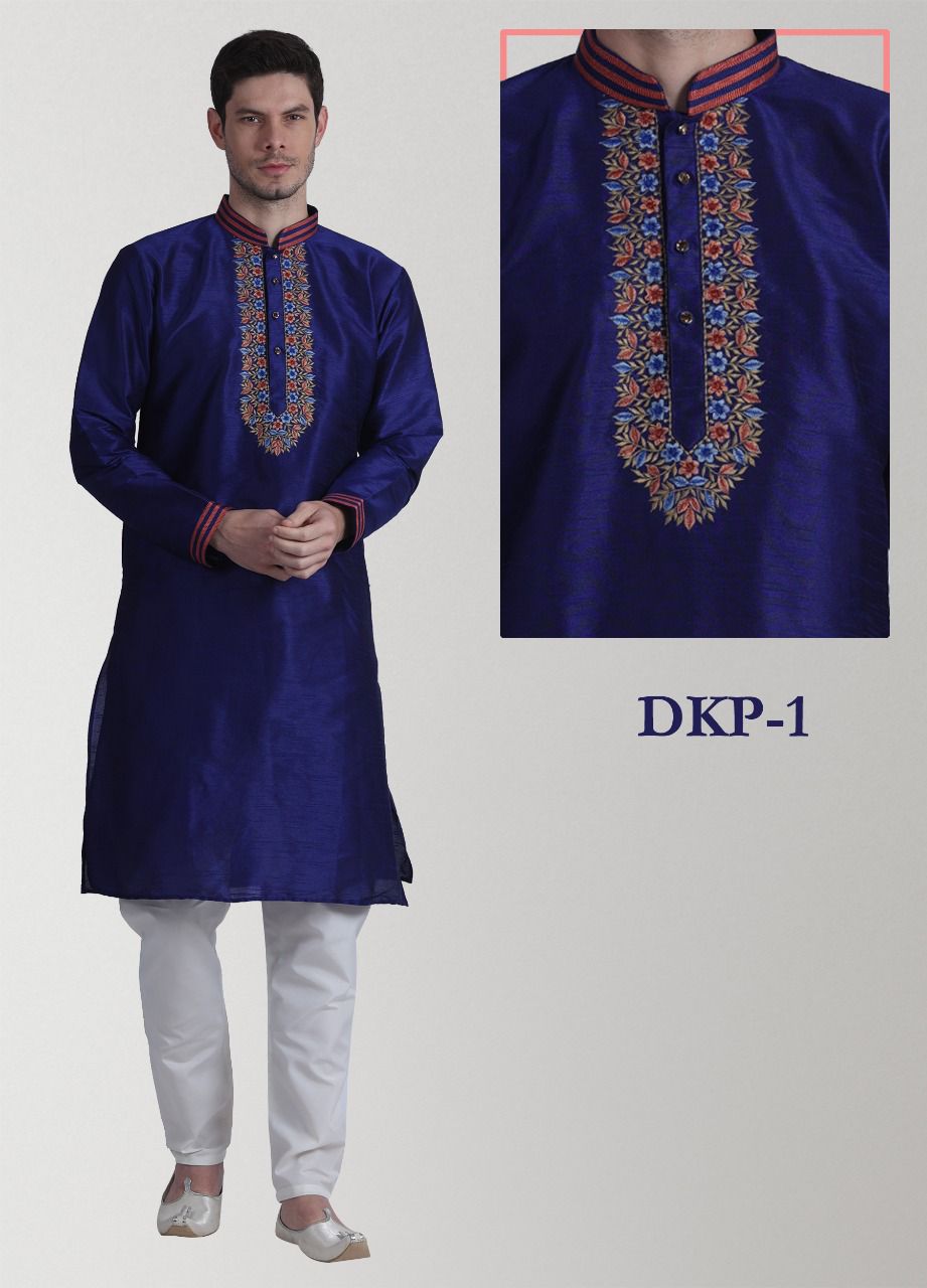 Navy Blue Colored Dupion Silk Mens Kurta and Dhoti Set