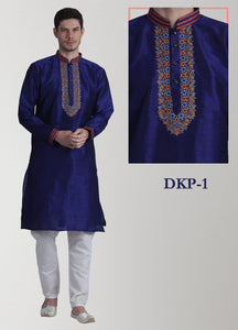 Navy Blue Colored Dupion Silk Mens Kurta and Dhoti Set