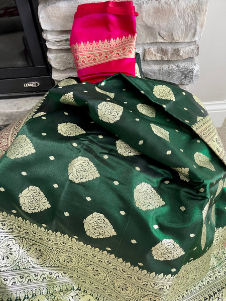 Bottle Green and Gold Banarasi Silk Saree
