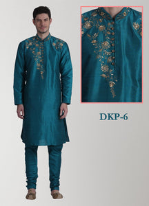 Teal Pure Silk Mens Long Kurta Pajama Set