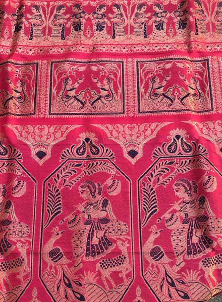 Red/Pink Pure Baluchari Swarnachari Silk Saree