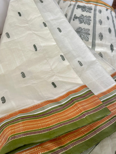 Off White Garad Silk Saree with Green Border