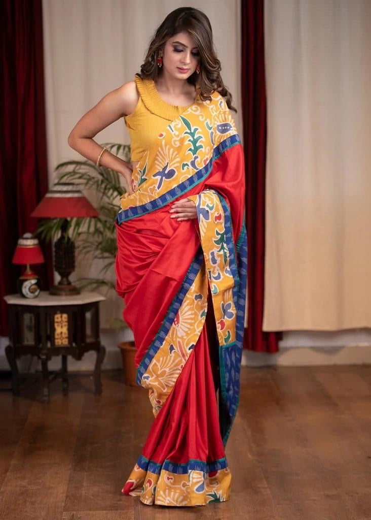RED SEMI SILK SAREE WITH EXCLUSIVE SILK HAND BATIK BORDER