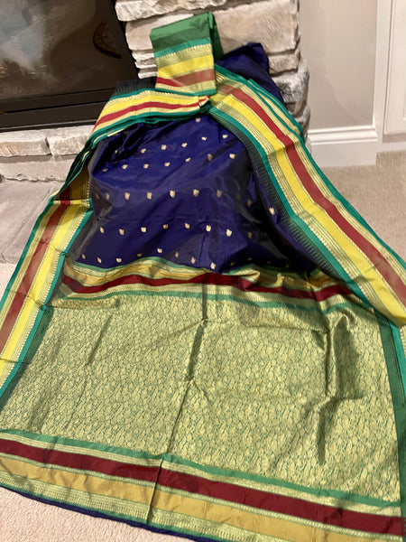 Navy Blue, Green, and Gold Kanchipuram Naali Silk Saree