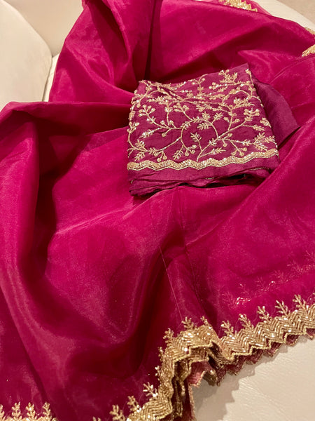 Red Wine/Burgundy Organza Saree with Embroidery