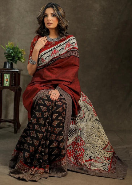 BLOCK PRINTED AJRAKH AND MAROON COTTON COMBINATION SAREE WITH HAND PAINTED MADHUBANI PATCH ON PALLU