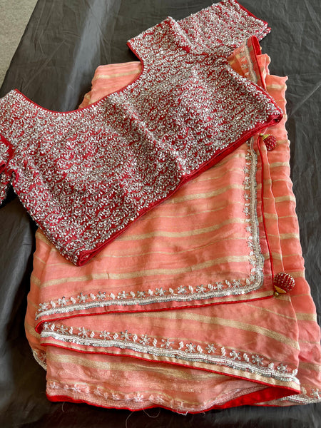 Peach Georgette Chiffon Silk Saree with Stitched Blouse