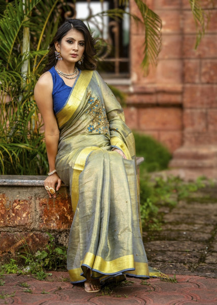 YELLOW PURE LINEN SAREE WITH HAND EMBROIDERY