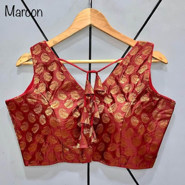 Maroon and Gold Sleeveless Banarasi Readymade Blouse
