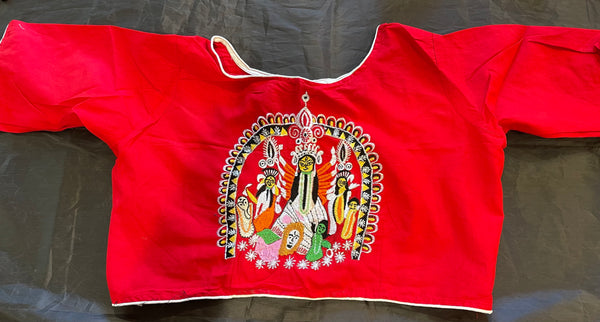 Red Cotton Elbow Sleeve Durga Embriodered Blouse on Back