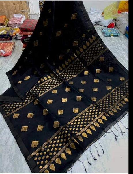 Black Organic Linen Jamdani with Jacquard  Work and Pallu