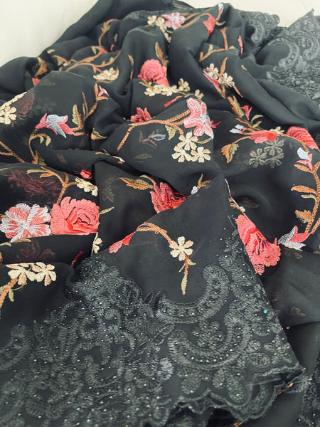 Black Georgette Chiffon with Lace and Embroidery
