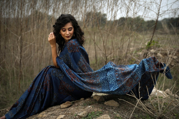 PURE MODAL SILK BLOCK PRINTED MIDNIGHT BLUE AJRAKH SAREE