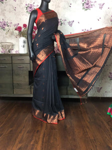 Black Handloom Saree with Copper Zari