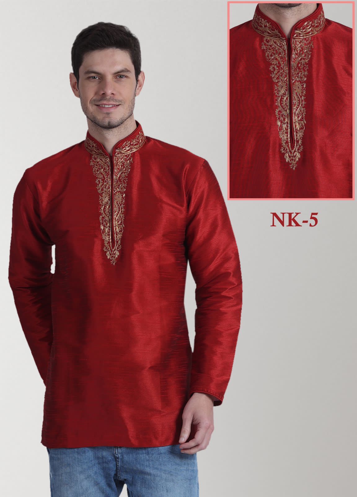 Red Colored Embroidered Art Raw Silk with Hand and Machine Work Mens Short Kurta