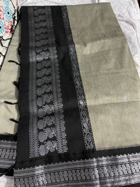 Grey and Black Pure Handloom Cotton Silk Saree