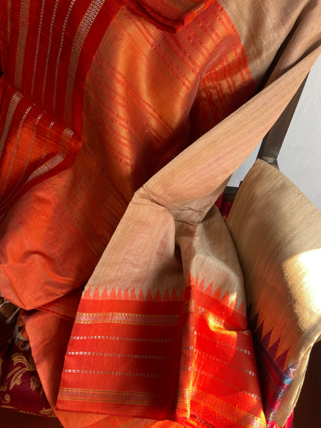 Pure Ghicha Tussar Silk Ikkat Saree in Orange