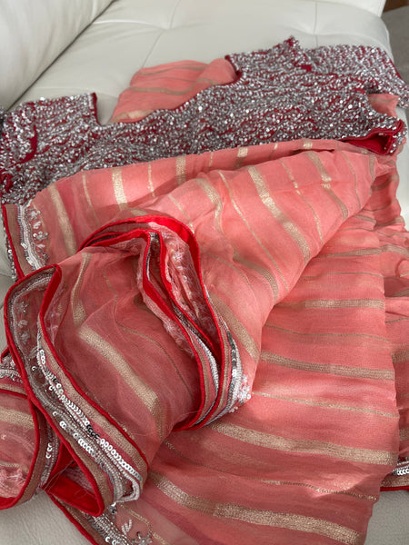 Peach Georgette Chiffon Silk Saree with Stitched Blouse