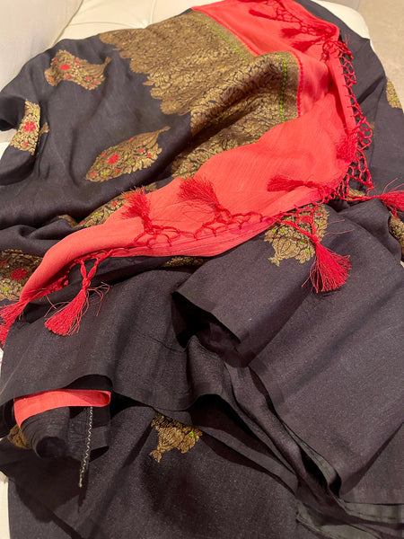 Pure Black and Red Muga Banarasi Silk Saree