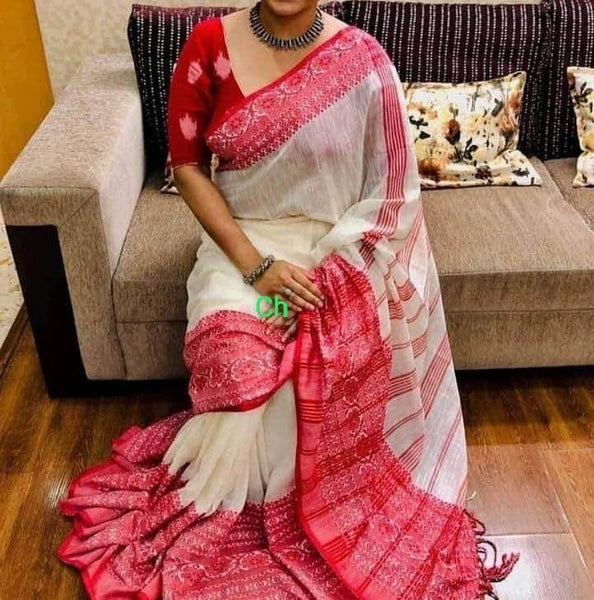 Bengali Pure Handloom Red and White Cotton Saree