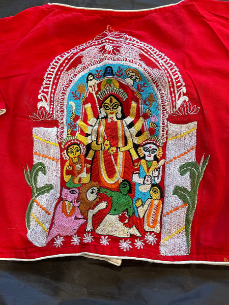 Red Cotton Elbow Sleeve Durga Embriodered Blouse on Back
