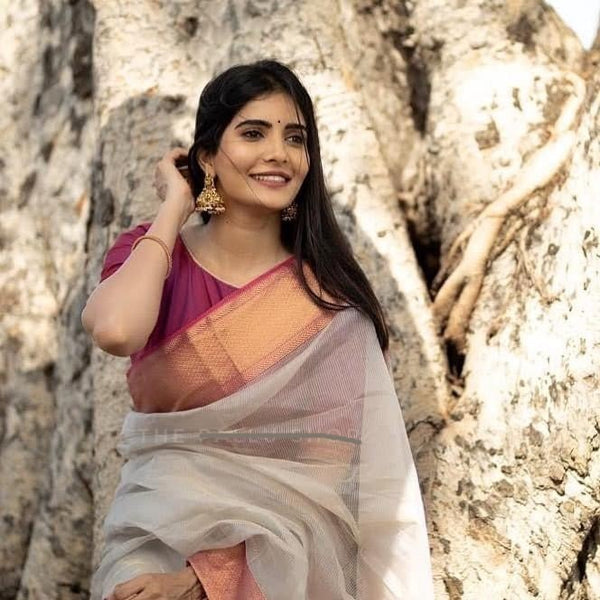 Pure Handwoven Maheshwari Handloom Tissue Silk Saree