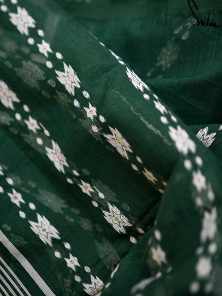 Green and White Cotton Jamdani Saree