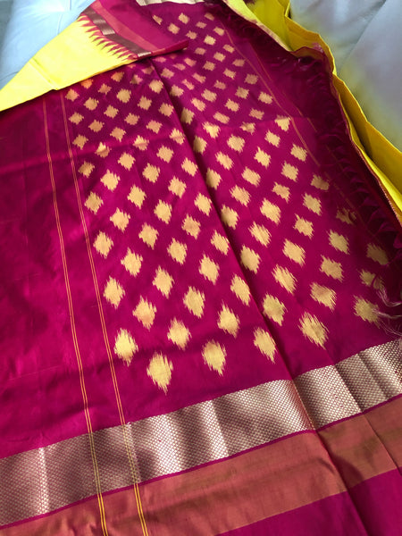 Pure Yellow and Pink Pochampally Patu Ikat Silk Saree