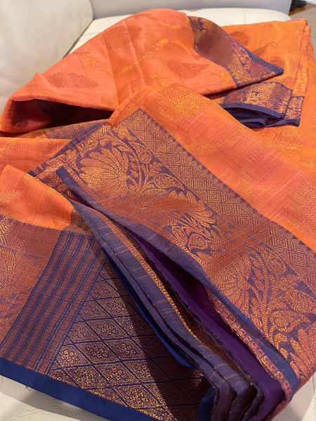 Coral Pink and Purple Handloom Brocade Cotton Silk Saree