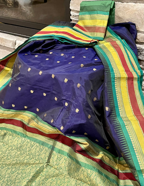 Navy Blue, Green, and Gold Kanchipuram Naali Silk Saree