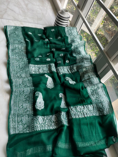 Green Handwoven Khaddi Chiffon Georgette with Pure Silver Zari