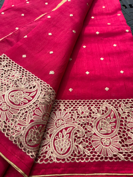 Reddish Pink Cutwork Raw Handloom Silk Saree
