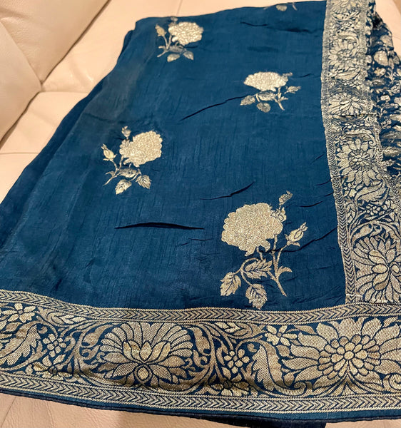Midnight Blue & Antique Gold Munga Silk Saree