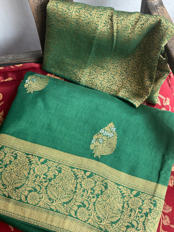 Green, Gold, Silver Dual Tone Muga Silk Saree