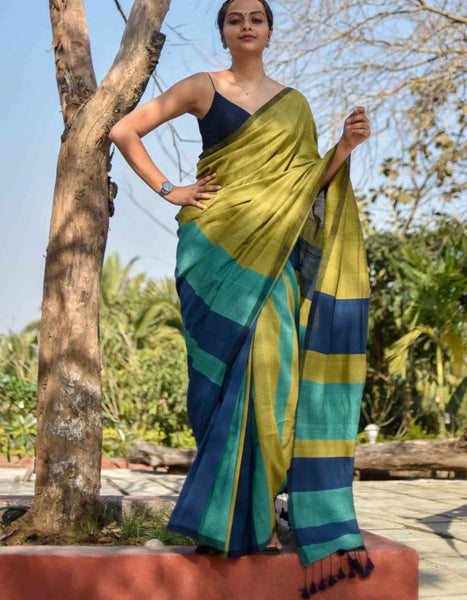 Olive Green and Blue Handloom cotton saree