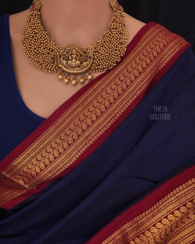 Navy Blue and Red Pure Handloom Cotton Silk Saree