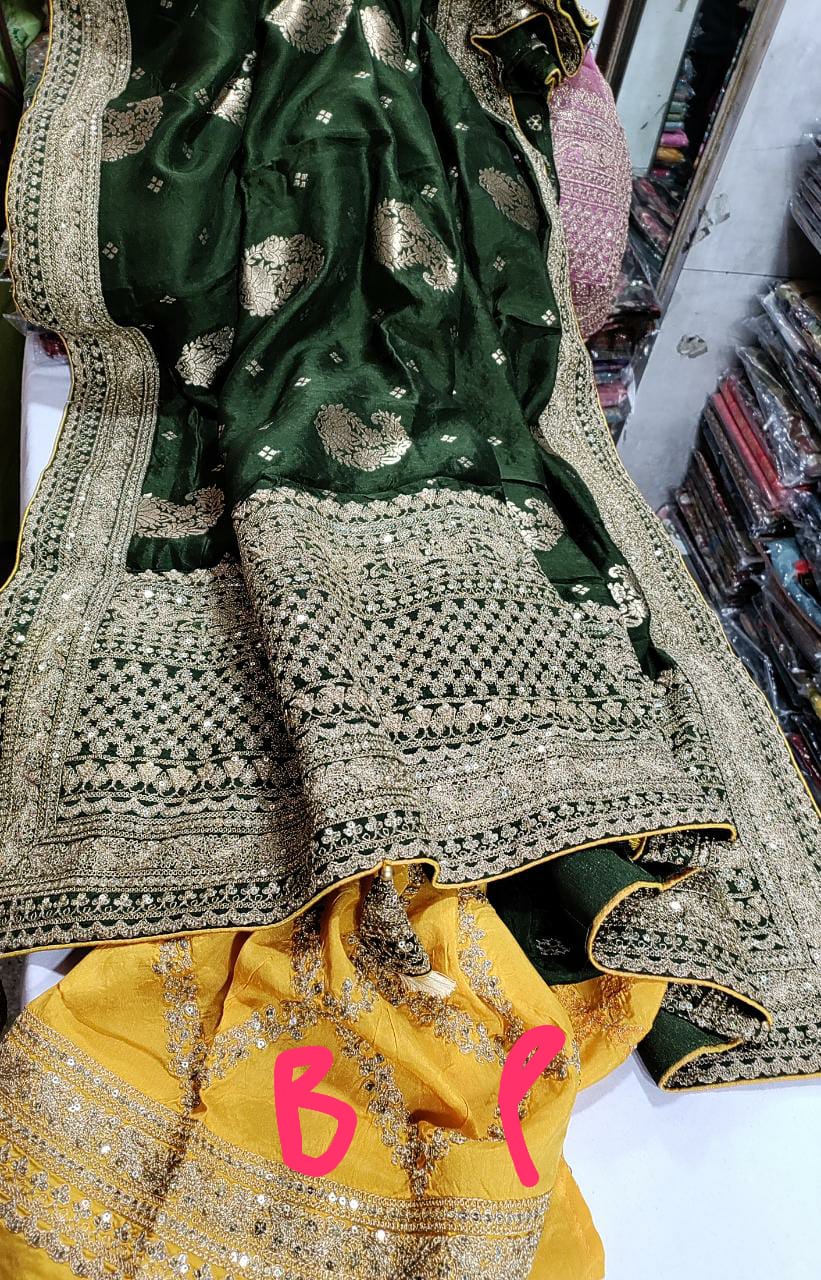 Forest Green Raw Dupion Silk Saree with Zardosi work