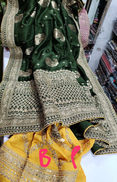 Forest Green Raw Dupion Silk Saree with Zardosi work