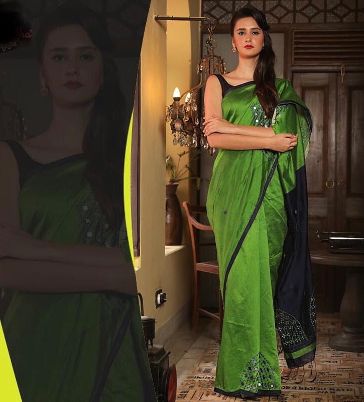 Parrot Green and Blue Handloom Mirror Cut Work Blended Saree