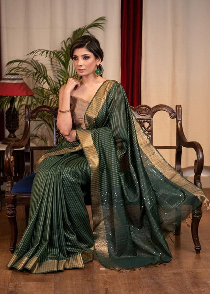 STRIPED OLIVE GREEN KOTA SILK SAREE