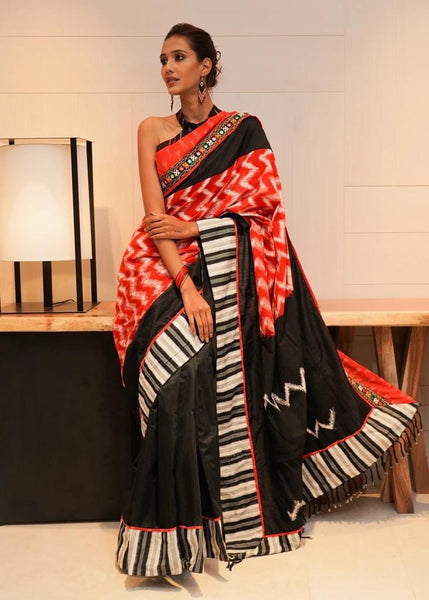 RED AND BLACK IKAT WITH CHANDERI COMBINATION SAREE