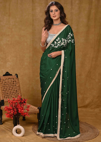 FOREST GREEN HANDLOOM SILK SAREE WITH EMBROIDERED BORDER