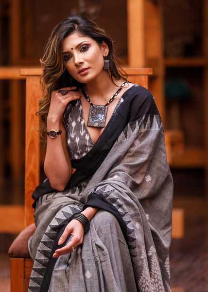 GREY MERCERISED COTTON BENGAL HANDLOOM SAREE