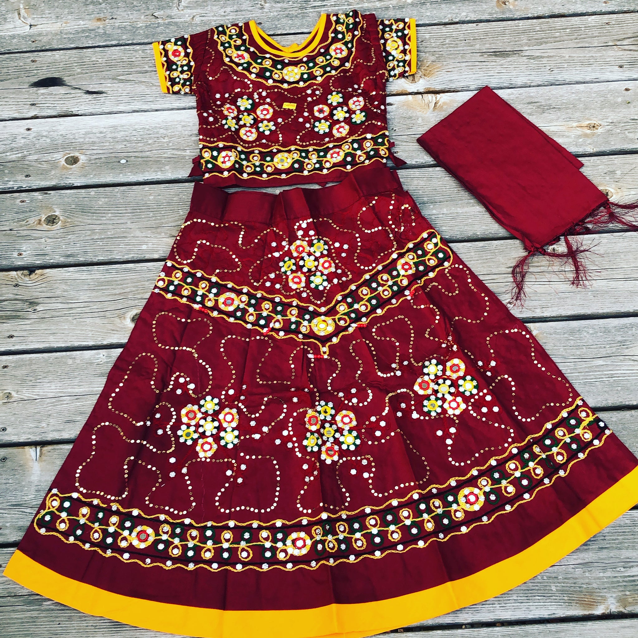 Girls Handmade Lehenga Ghagra Choli Maroon and Yellow chaniya choli For Girls Ethnic Indian Dress